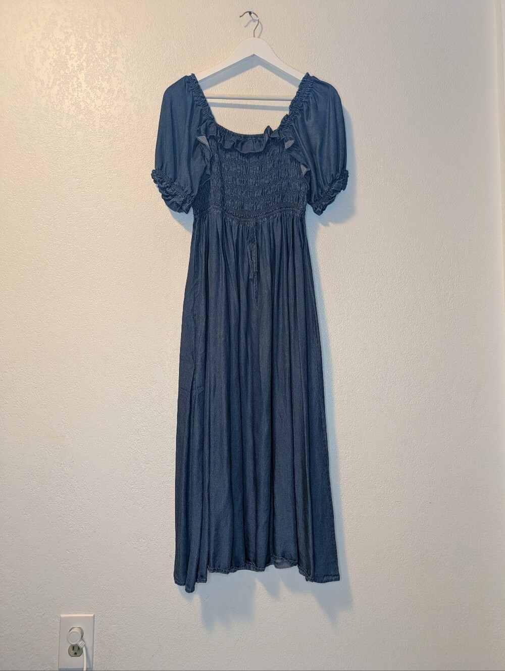 Indigo Rose Smocked Puff Sleeve Maxi Dress in Denim Blue